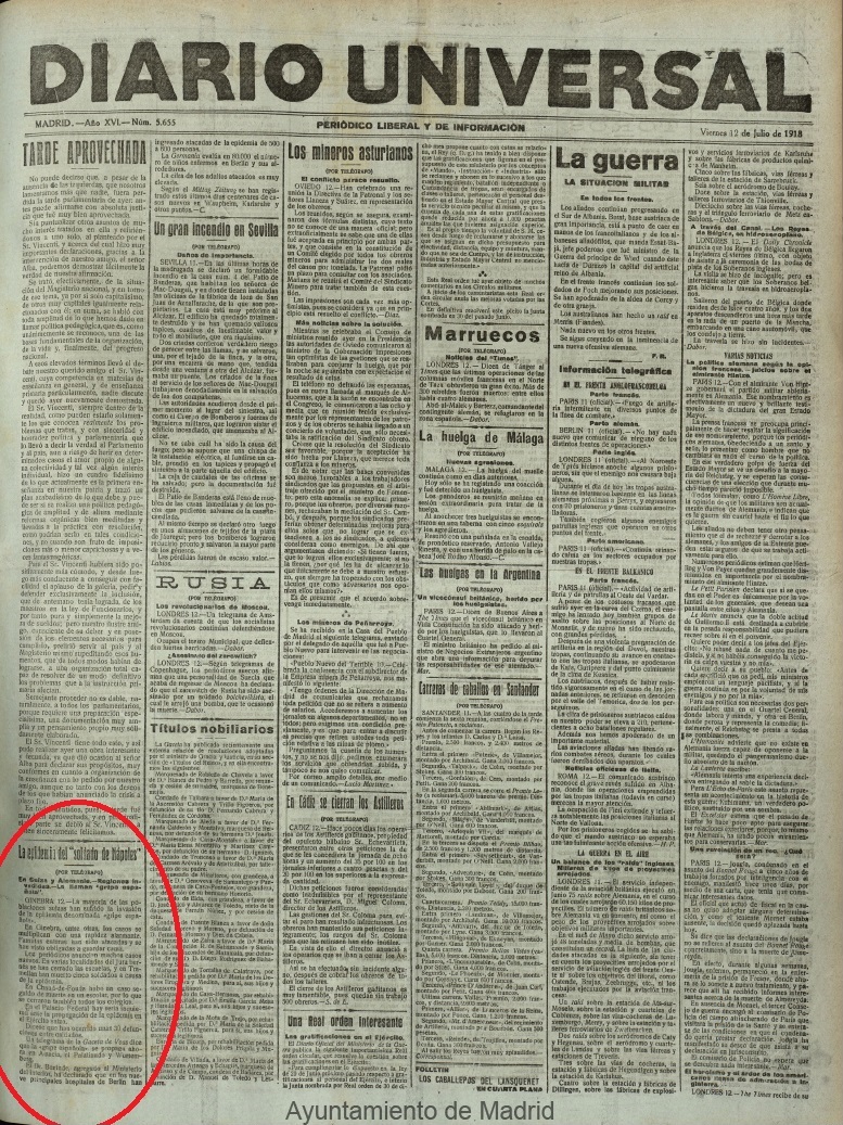 Diario Universal 12 de julio de 1918. Portada